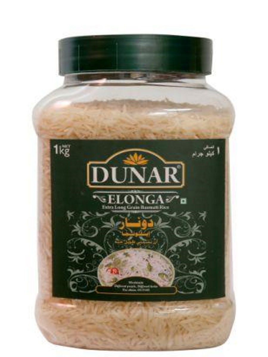 Dunar ELONGA Extra Long Grain Basmati Rice (Дунар ЭЛОНГА экстра длиннозёрный рис басмати, шлифованный), банка, 1 кг.