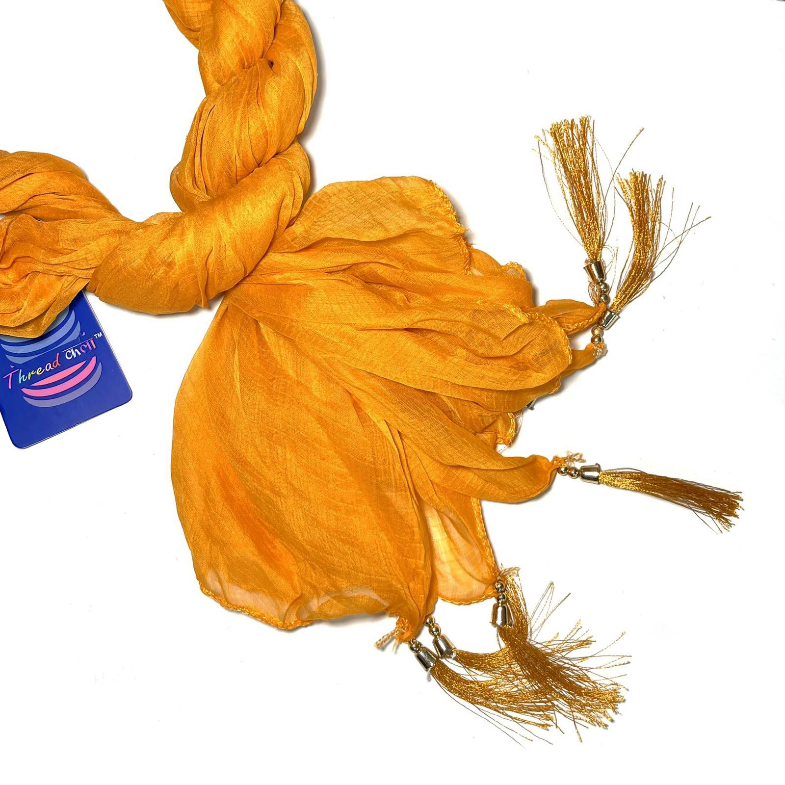 Палантин (дупатта) индийский шифоновый с кисточками, цвет ГОРЧИЧНЫЙ (длина 2,15 м., ширина 0,80 м.), Thread, 1 шт.