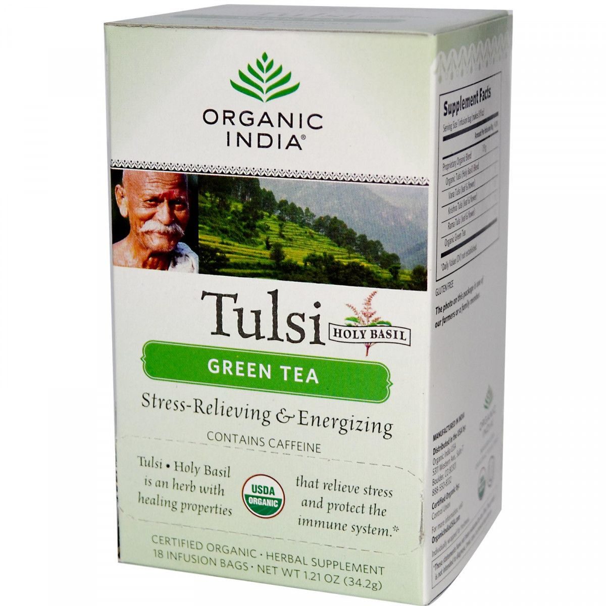 TULSI GREEN TEA Organic India (Чайный напиток Базиликовый с Зеленым чаем, Органик Индия), 18 пакетиков.