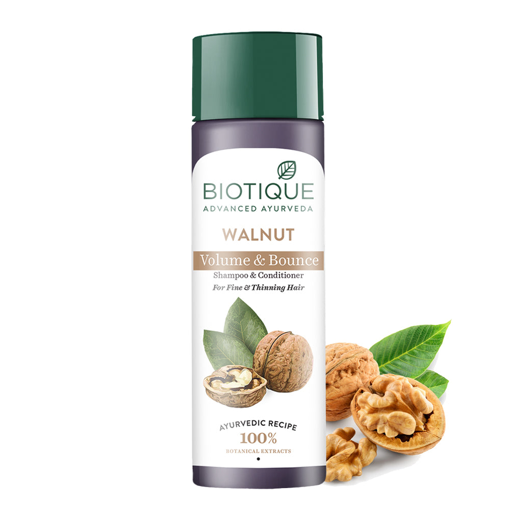 WALNUT VOLUME & BOUNCE, Shampoo & Conditioner, Biotique (ГРЕЦКИЙ ОРЕХ, Шампунь-кондиционер для объема и упругости, для тонких и редеющих волос, Биотик), 190 мл.