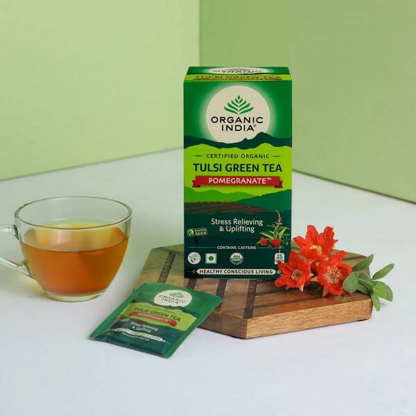 TULSI GREEN TEA POMEGRANATE, Organic India (ТУЛСИ ЗЕЛЕНЫЙ ЧАЙ С ГРАНАТОМ, антистресс и свежесть, Органик Индия), 25 пакетиков.