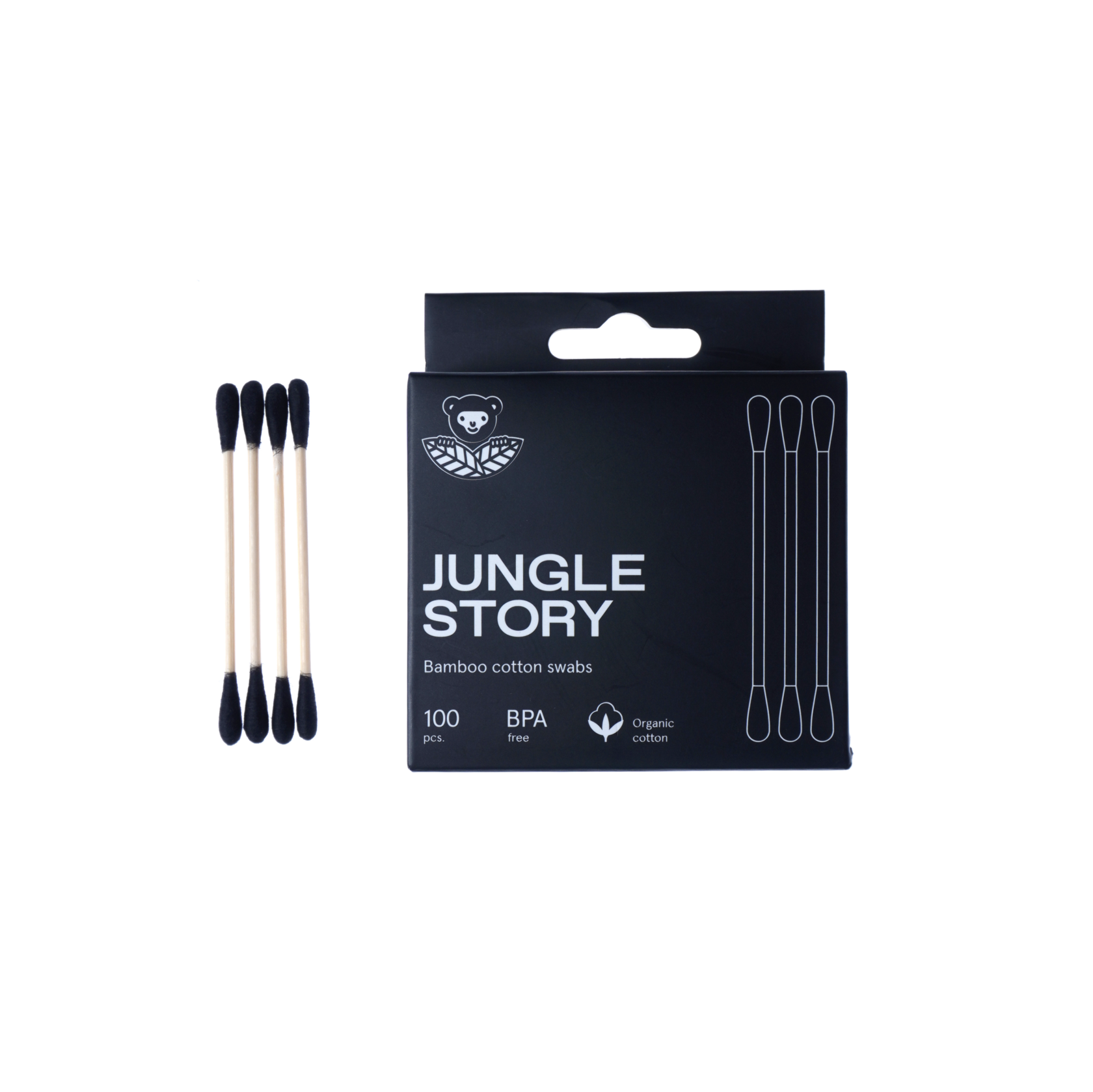 Bamboo Cotton Swabs, Jungle Story (Ватные палочки С ЧЁРНЫМ ультра мягким хлопком), упаковка 100 шт.