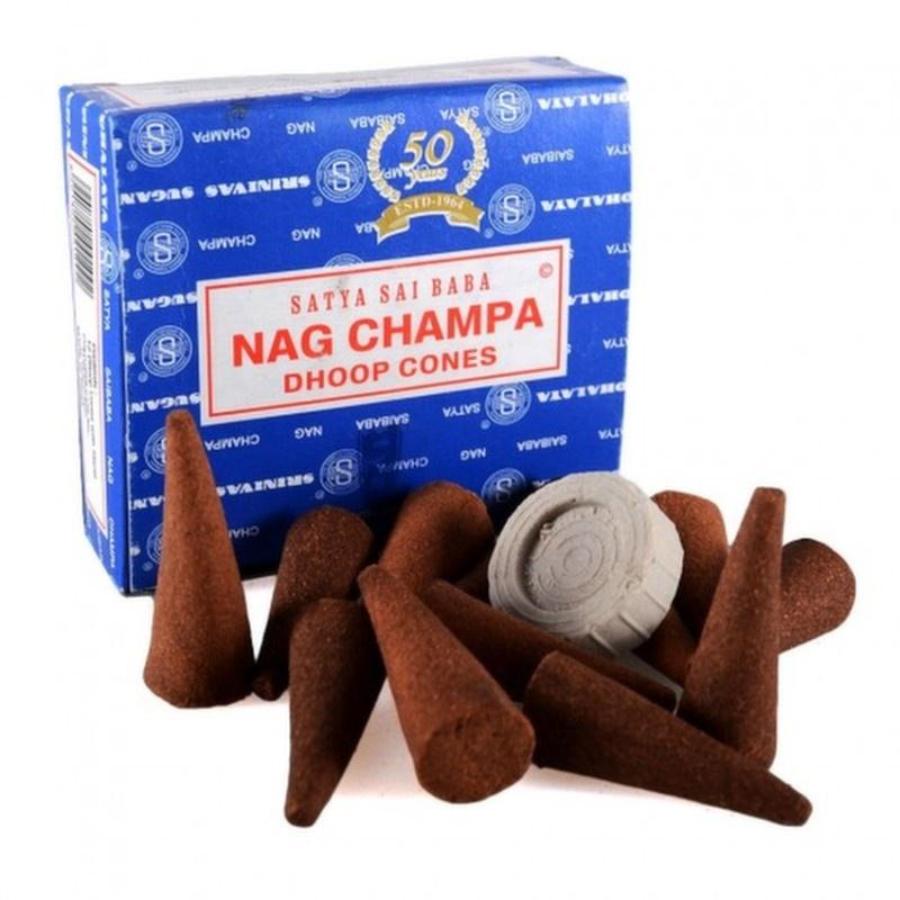 NAG CHAMPA DHOOP CONES, Satya (НАГ ЧАМПА конусные благовония, Сатья), уп. 12 конусов + подставка.