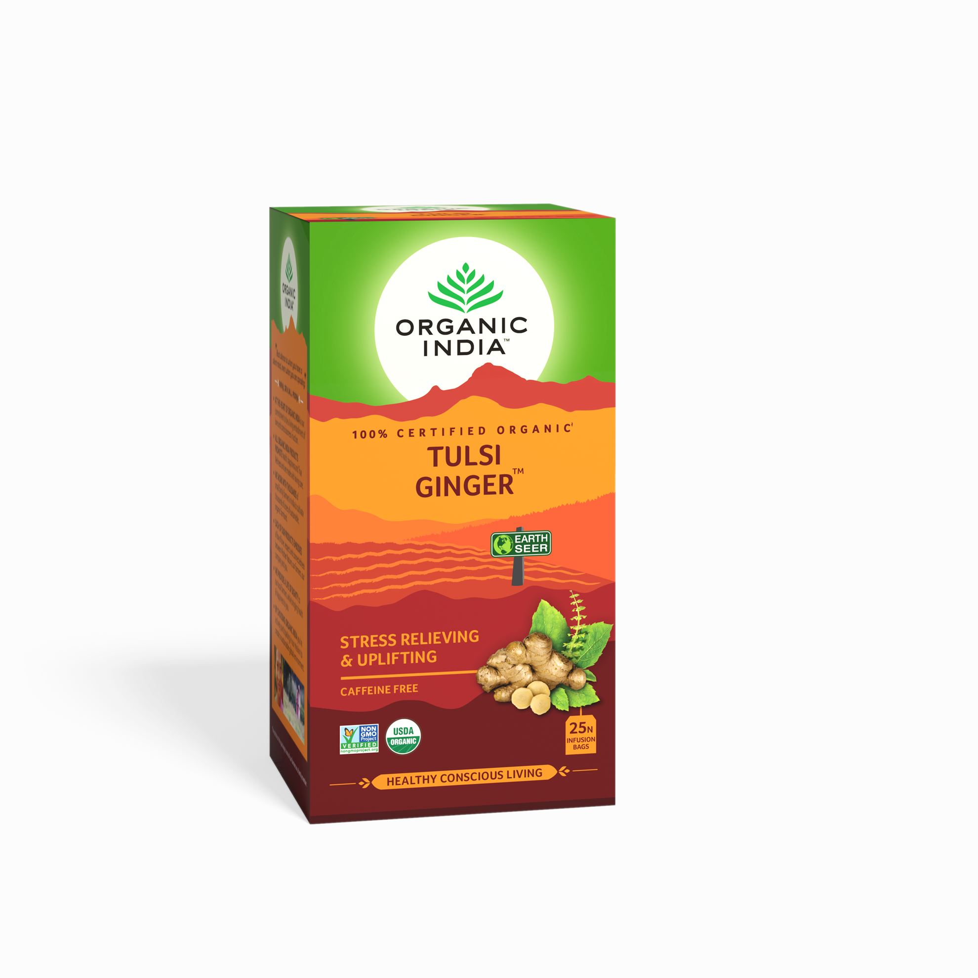 TULSI GINGER, Organic India (ТУЛСИ ИМБИРЬ, чай, антистресс и подъём, Органик Индия), 25 пакетиков.