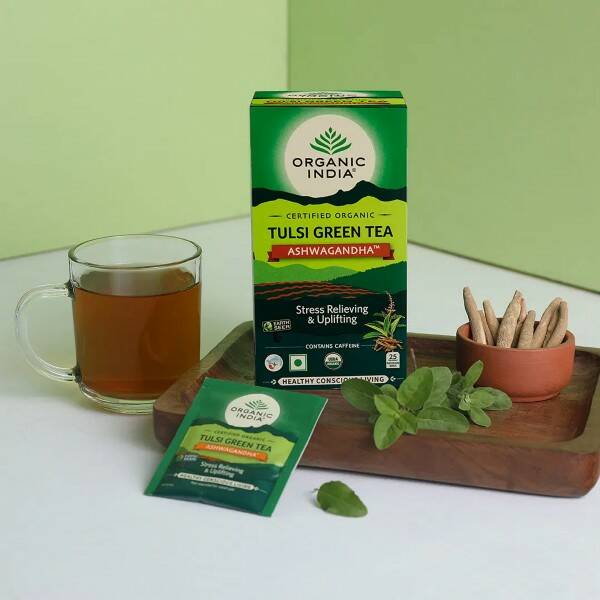 TULSI GREEN TEA ASHWAGANDHA, Organic India (ТУЛСИ ЗЕЛЁНЫЙ ЧАЙ И АШВАГАНДХА, антистресс и свежесть, Органик Индия), 25 пакетиков.