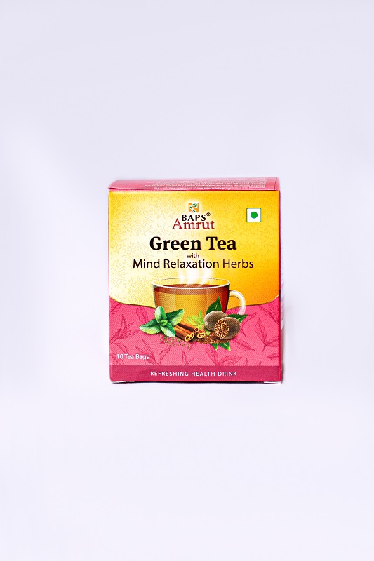 Green Tea with MIND RELAXATION HERBS, BAPS Amruth (Зелёный чай С ТРАВАМИ ДЛЯ РАССЛАБЛЕНИЯ РАЗУМА, БАПС Амрут), 10 чайных пакетиков.