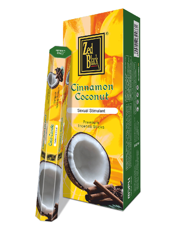 CINNAMON COCONUT Premium Incense Sticks, Zed Black (КОРИЦА КОКОС премиум благовония палочки, Зед Блэк), уп. 20 палочек.