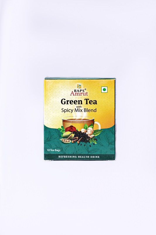 Green Tea with SPICY MIX BLEND, BAPS Amruth (Зелёный чай СО СМЕСЬЮ ПРЯНЫХ СПЕЦИЙ, БАПС Амрут), 10 чайных пакетиков.
