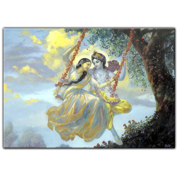 Магнит на холодильник КРИШНА И РАДХА НА КАЧЕЛЯХ (Винил, 10х6,5 см.), 1 шт.