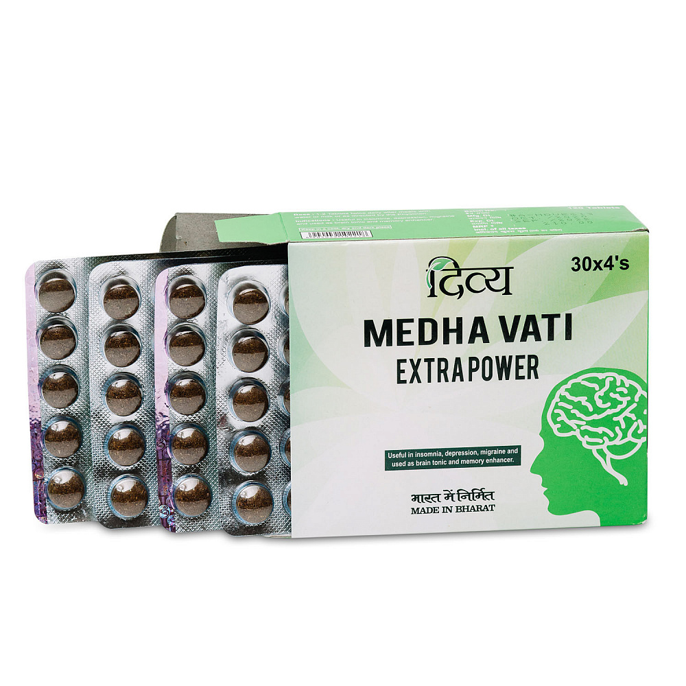 MEDHA VATI Extrapower, Divya (МЕДХА ВАТИ, тоник для улучшения работы мозга,  памяти, сосудов, Дивья), 120 таб.